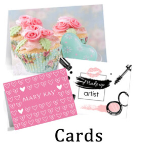 Photo of birthday card with cupcakes and note card with makeup items