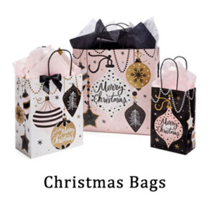 Christmas Bags Button with photo of pink bags and ornaments on them