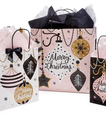 Three bags titles Christmas in Pink with pink background and black and gold ornaments with the words Merry CHristmas