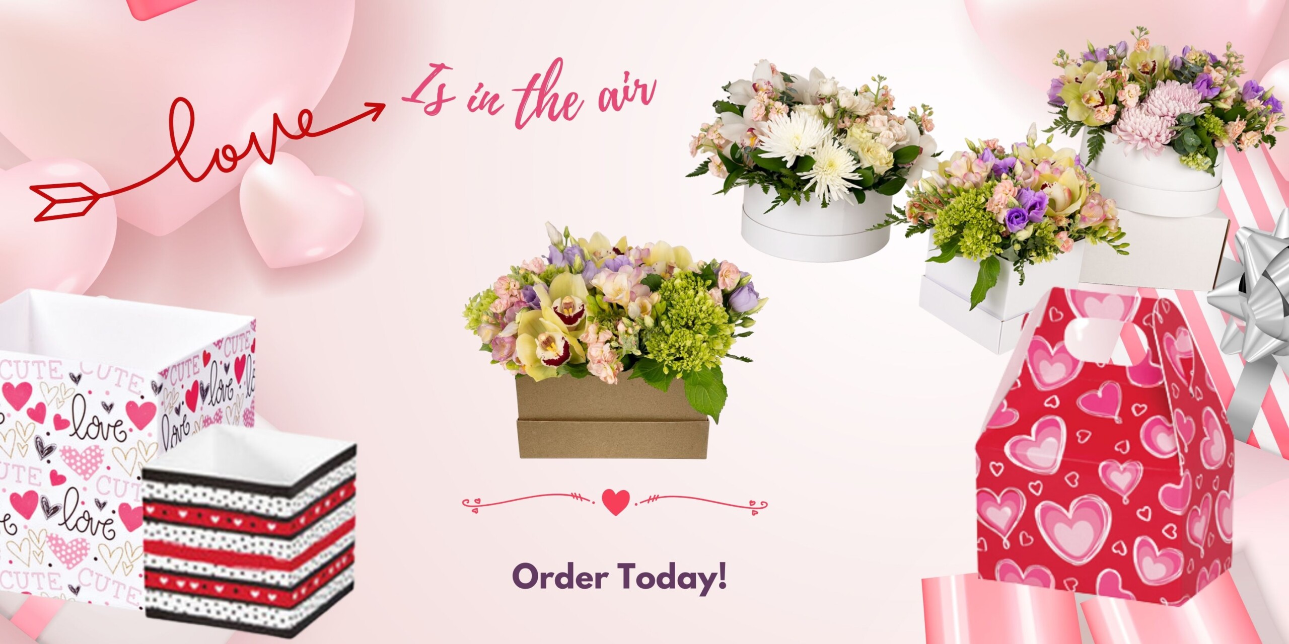 Photos of Valentine's Day packaging, flower boxes, gable boxes