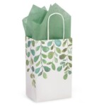 5.25”W x 8.25”H x 3.5”D Gift Bag with green leaves on it