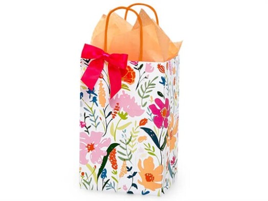 5.25”W x 8.25”H x 3.5”D Gift Bag with colourful flowers on it