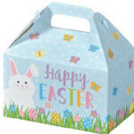 Happy Easter Party Favor Gable Box with Bunny and butterflies with eggs on it.