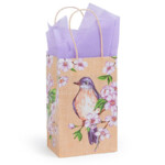 Prime Gift bag with a bird and flower on it with purple tissue.