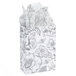 White bag with grey floral pattern on it.